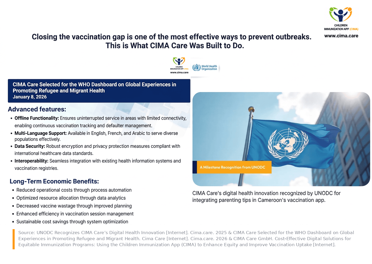 CIMA Care tools supporting vaccination access, coverage, and outbreak prevention.