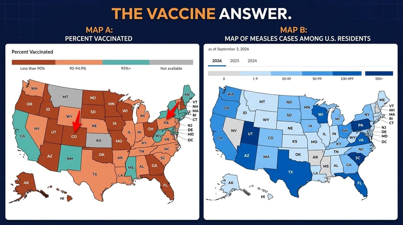 Side-by-side U.S. maps compare state vaccination coverage and measles cases.