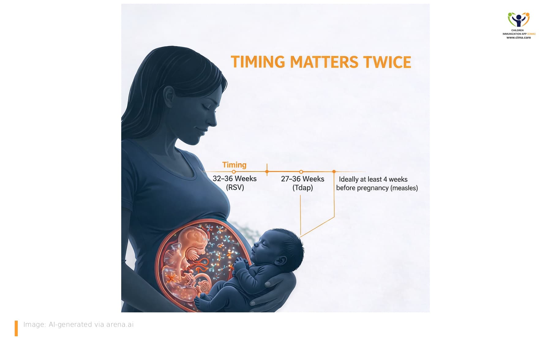 Illustration of a pregnant woman and newborn with a timeline showing key maternal vaccination timing windows.