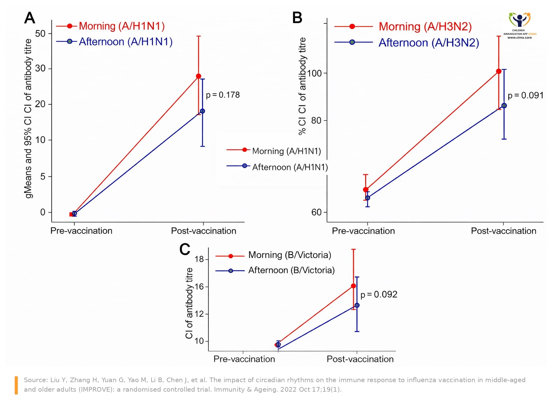 Three-line graphs comparing pre- and post-vaccination antibody titers after morning versus afternoon influenza vaccination.