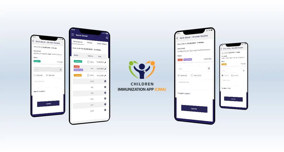 CIMA Care app interface for managing vaccination records and tracking.