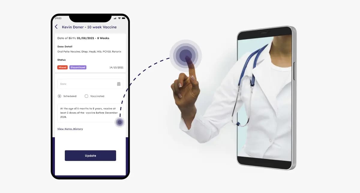 A healthcare provider uses the CIMA Care app for holistic health tracking during immunizations.
