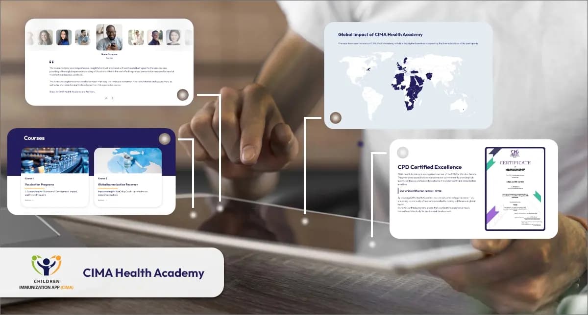 A Tablet displaying CIMA Health Academy courses, certifications, and a global impact map.