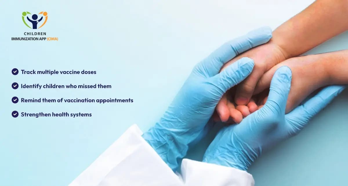 Healthcare provider holding child's hand, highlighting CIMA Care’s vaccination management and vaccine tracking benefits.