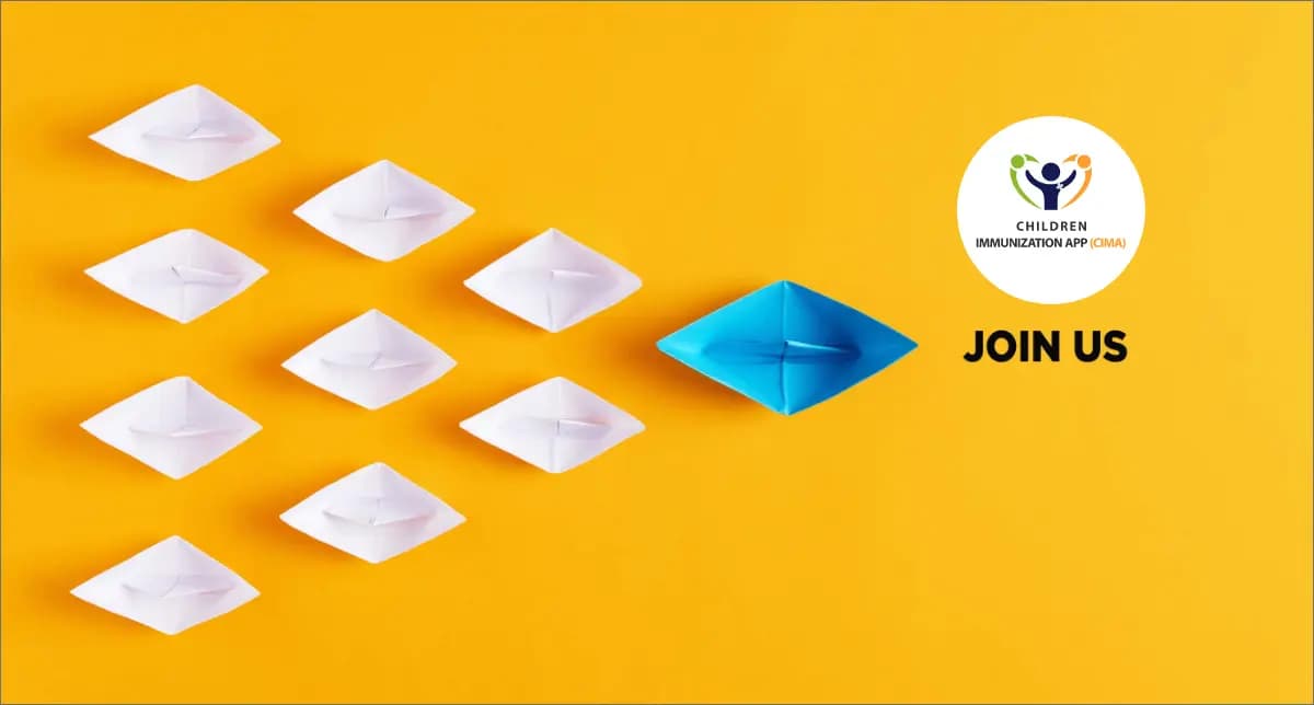 Blue paper boat leading white boats with CIMA Care logo and 'Join Us' text.