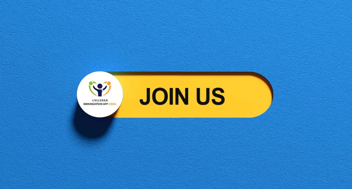 CIMA Care children's immunization app logo with a yellow join us button on a blue background.