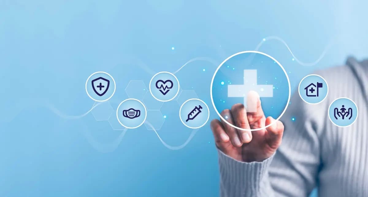 Connected health icons showing vaccination integrated with other medical services.