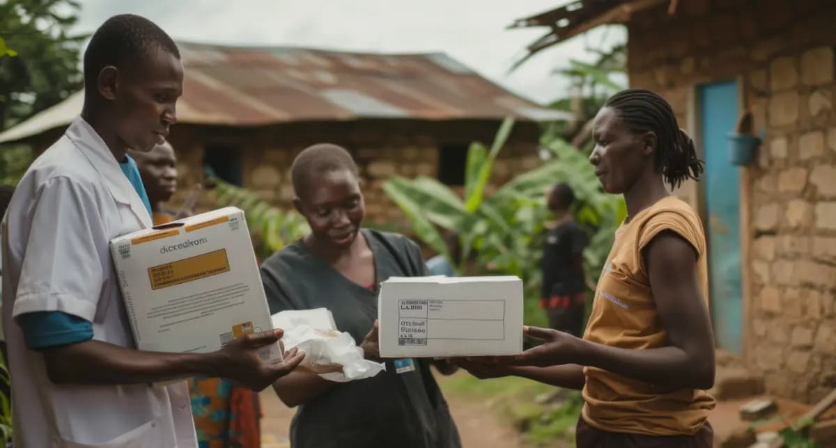 CHW in uniform distributing medical supplies to community health team members.