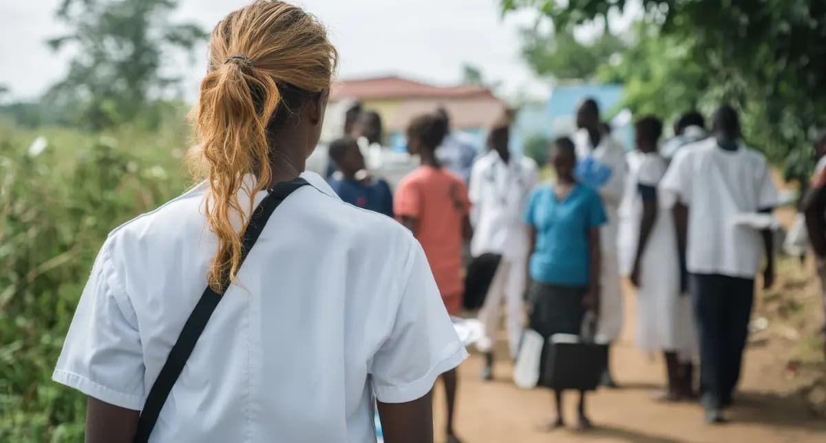 Healthcare worker with CIMA Care logo engaging in community outreach program.