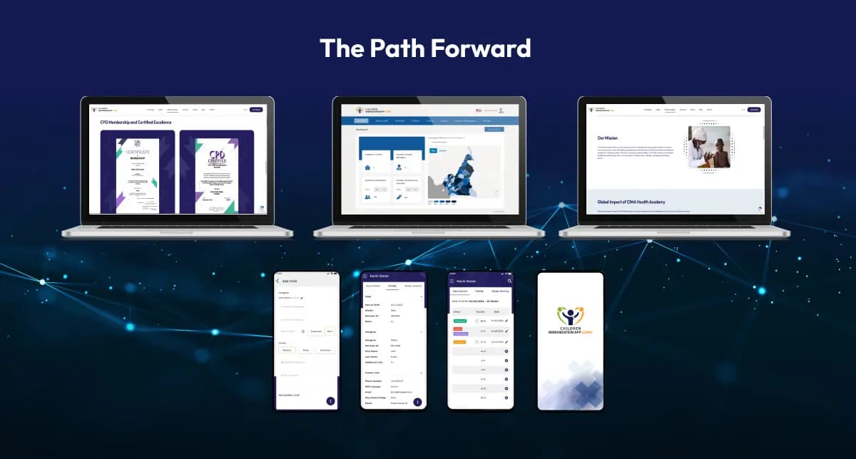 CIMA Care platform interfaces showing web portals and mobile app features.