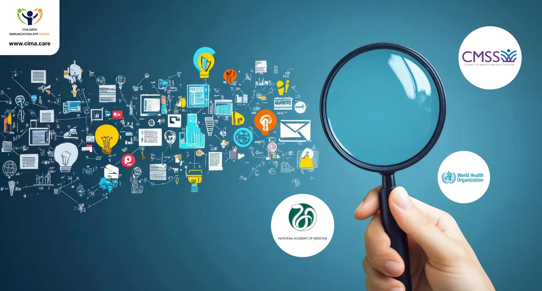 Magnifying glass examining health content with WHO, CMSS, NAM collaboration icons