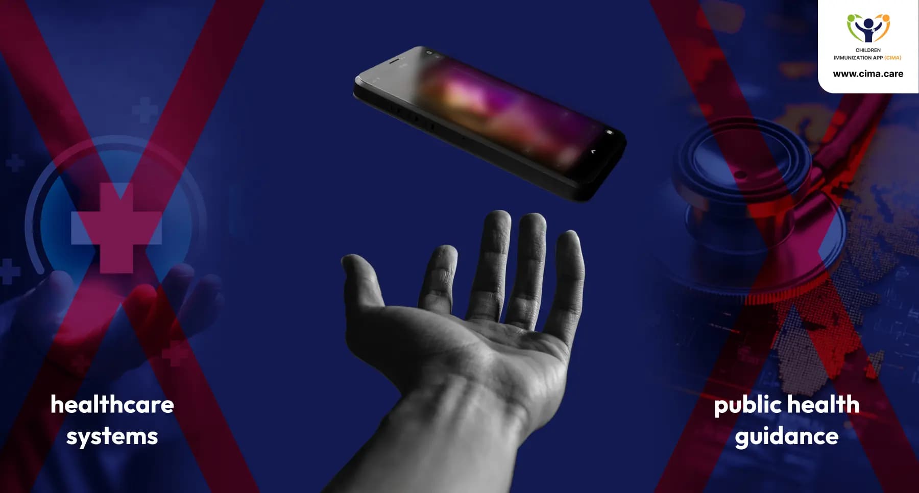 Hand reaching for a floating smartphone with healthcare and public health symbols crossed out.
