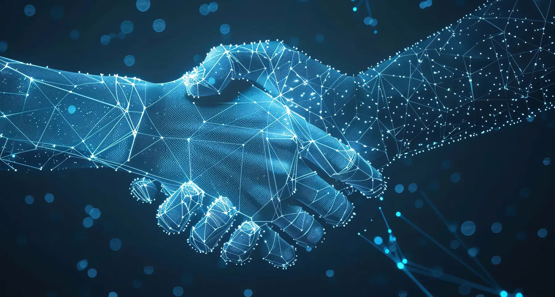 Digital wireframe handshake representing tech-health partnerships in the blue network.