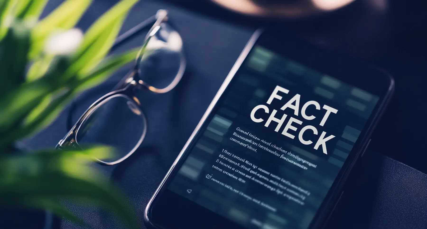 Mobile device displaying fact-check interface with glasses and a plant in the background.