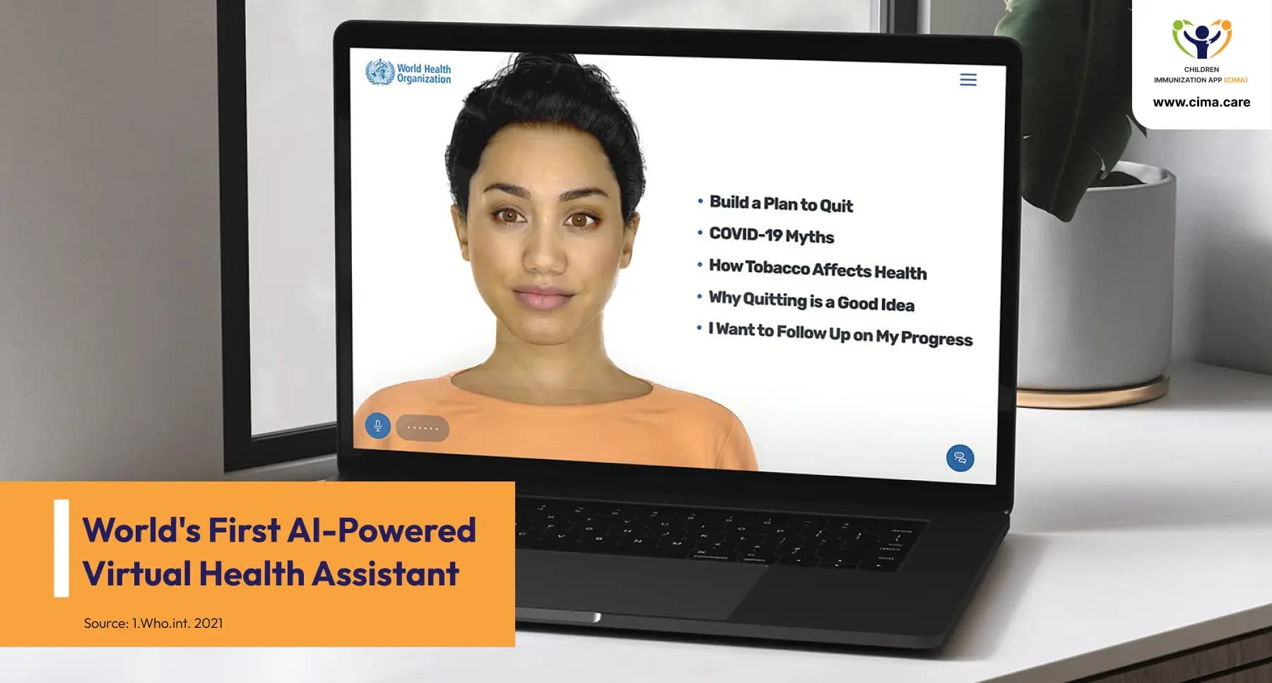 WHO virtual health assistant interface displaying health topics on a laptop screen.