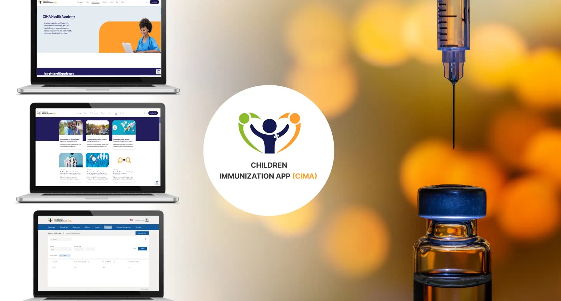 CIMA Care interface showing the academy portal, blog articles, and SMS messaging dashboard.