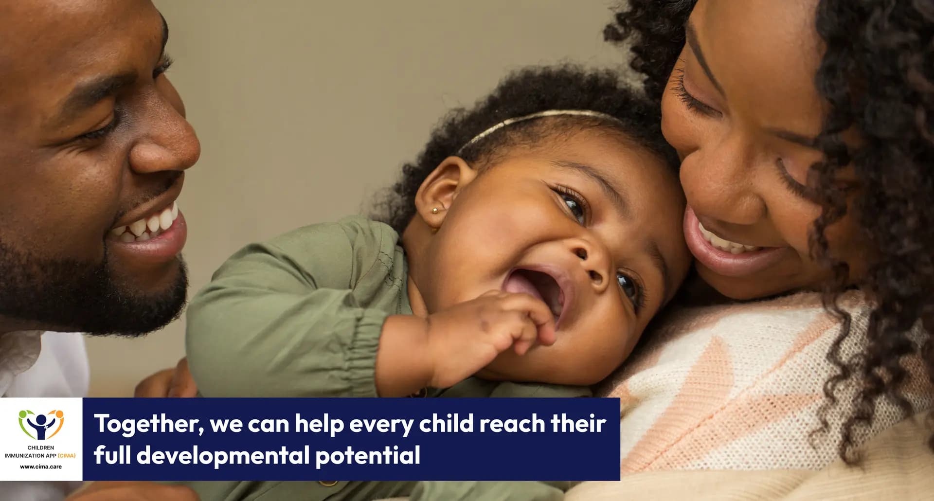 Happy children under three years of age with CIMA Care logo and “full developmental potential“ message.