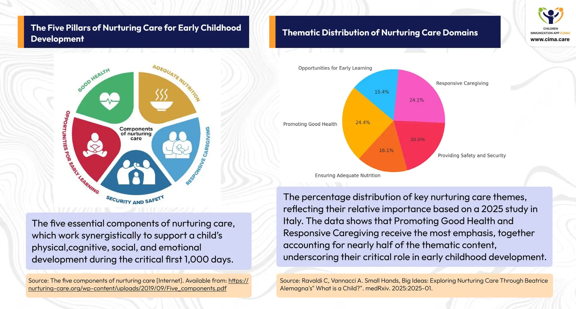 A nurturing care framework wheel and a pie chart showing domain distribution percentages.
