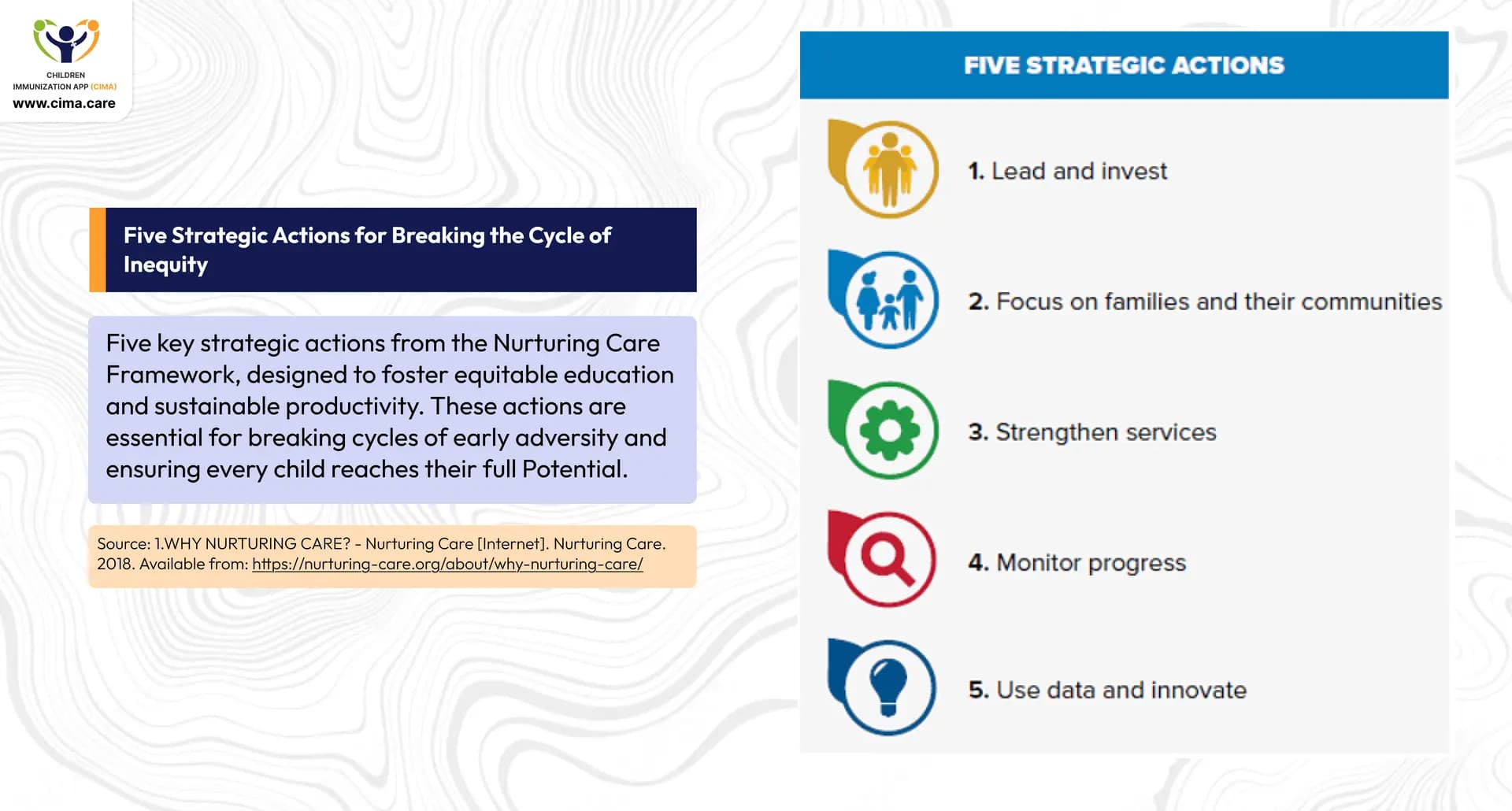 Five strategic actions infographic showing steps to foster equitable childhood development.