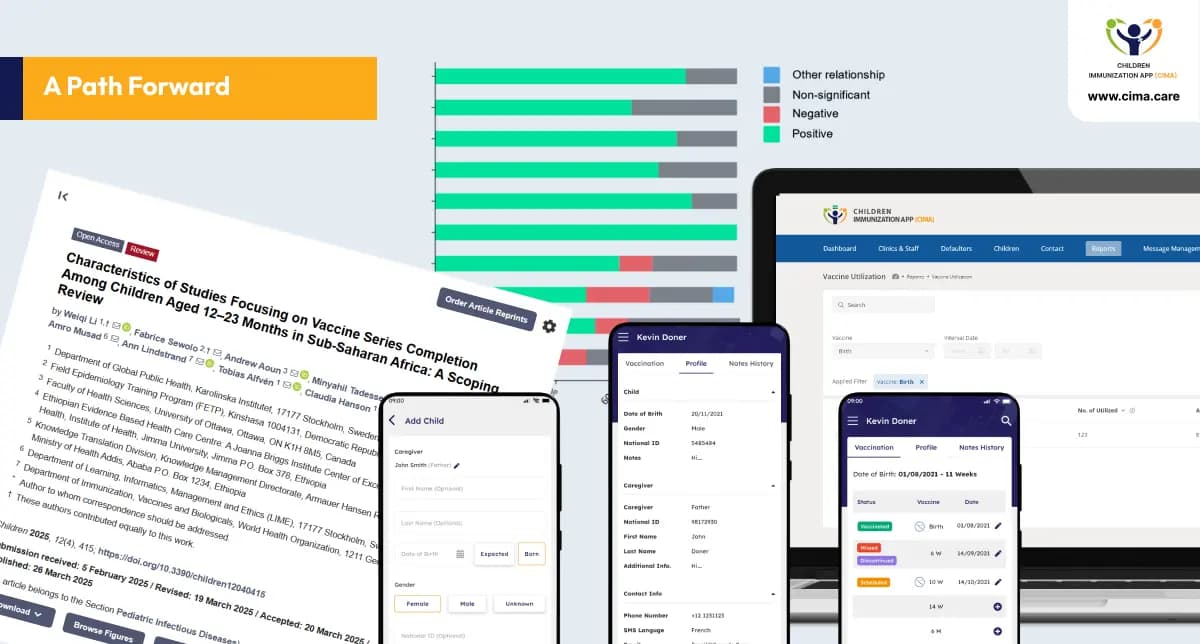 Composite image showing research paper, vaccination data visualization, and mobile tracking app