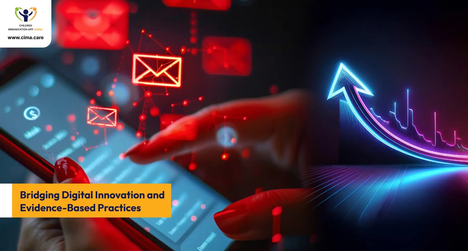 Digital health messaging and analytics with an upward trend graph showing the CIMA app impact.