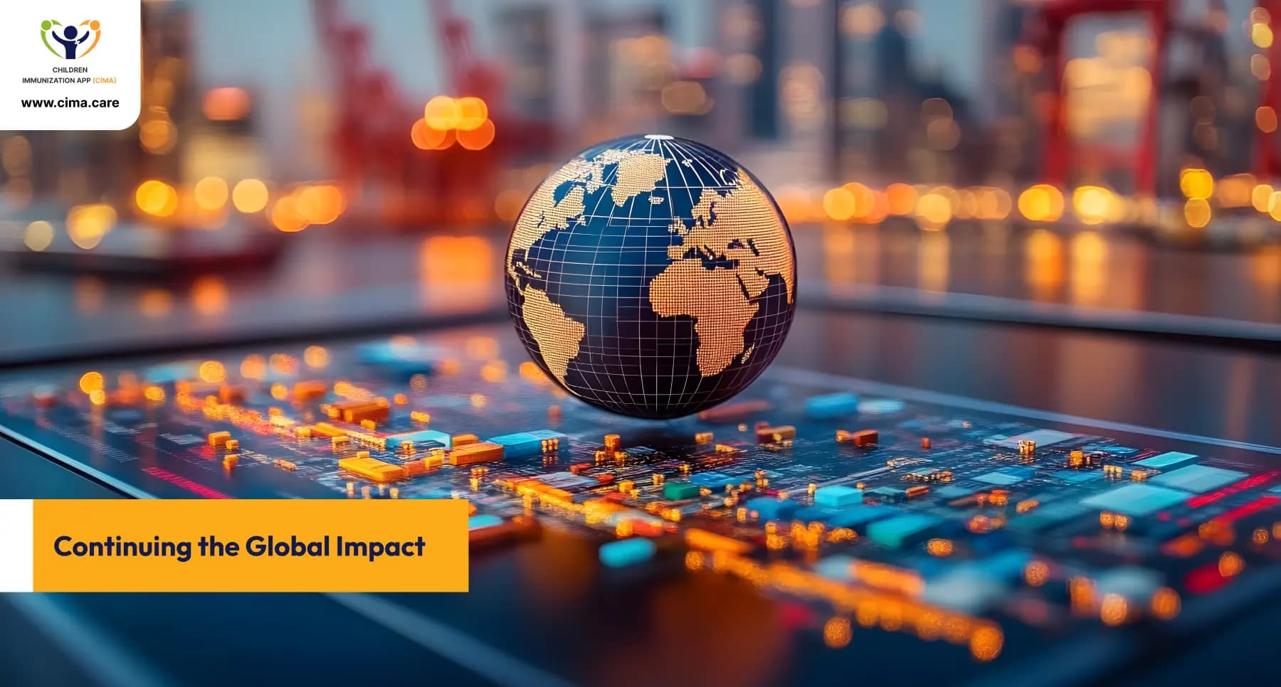 Digital globe on circuit board representing CIMA's expanding global health technology.