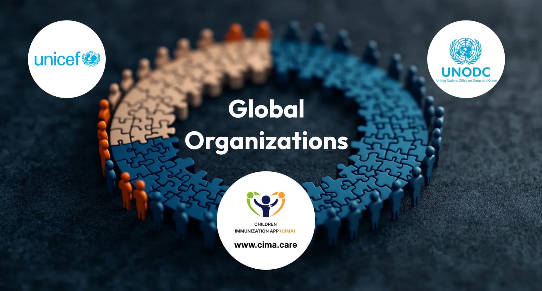 UNICEF, CIMA, and UNODC logos connected by puzzle pieces showing global partnership.