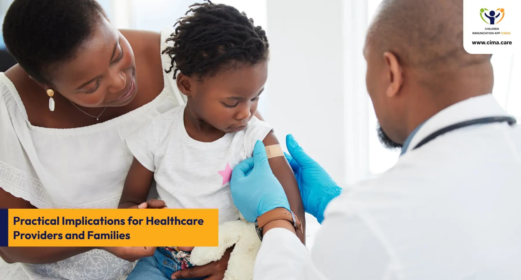 Healthcare provider discussing vaccination with concerned family in medical office.