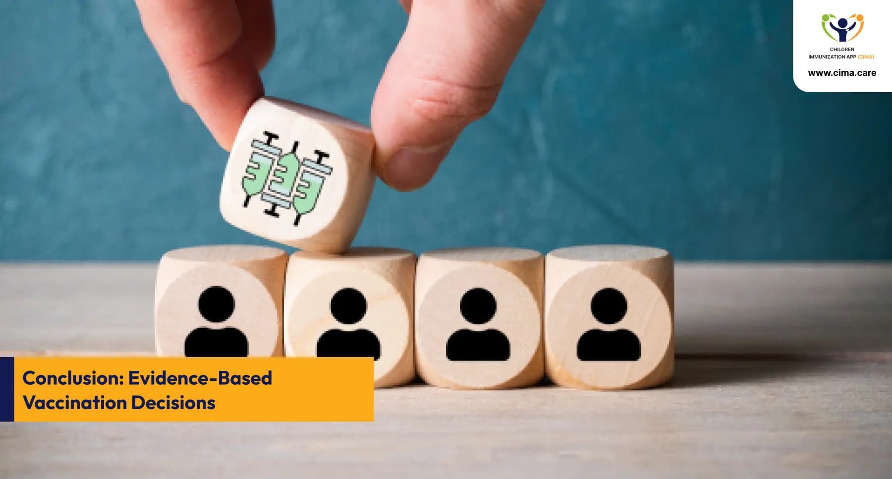 Hand placing vaccine block on people blocks symbolizing safe vaccination for populations.