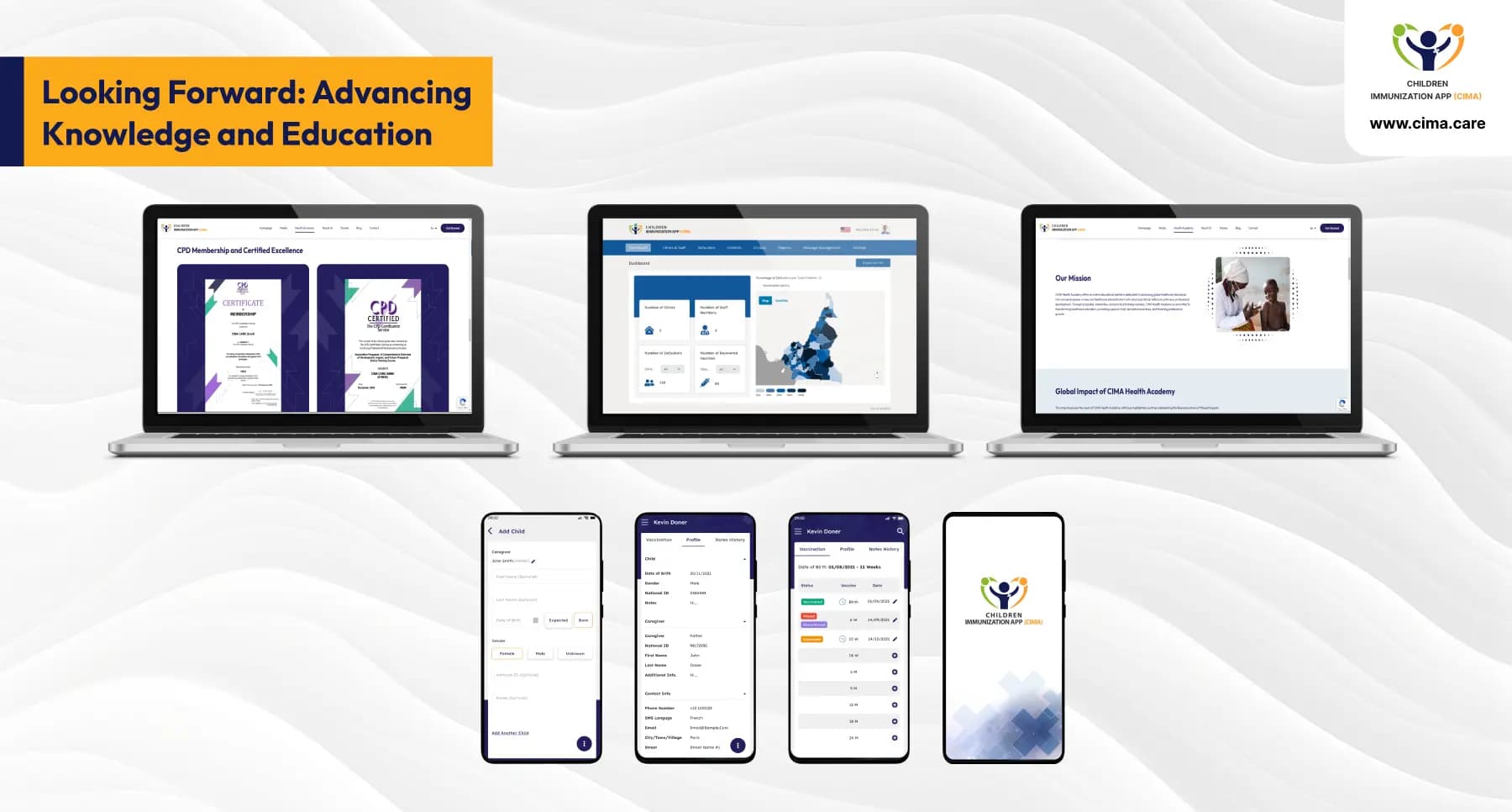 Digital devices displaying the CIMA Care app and educational platforms.