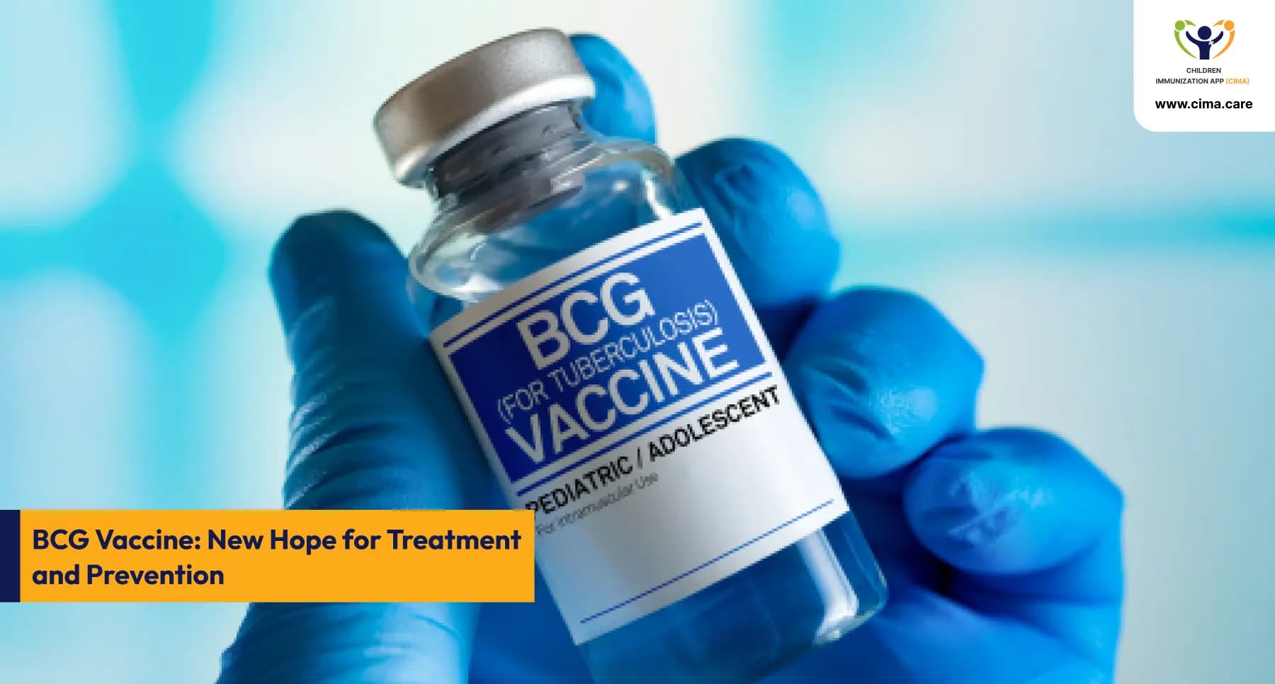 Gloved hand holding BCG vaccine vial labeled for tuberculosis and pediatric use.