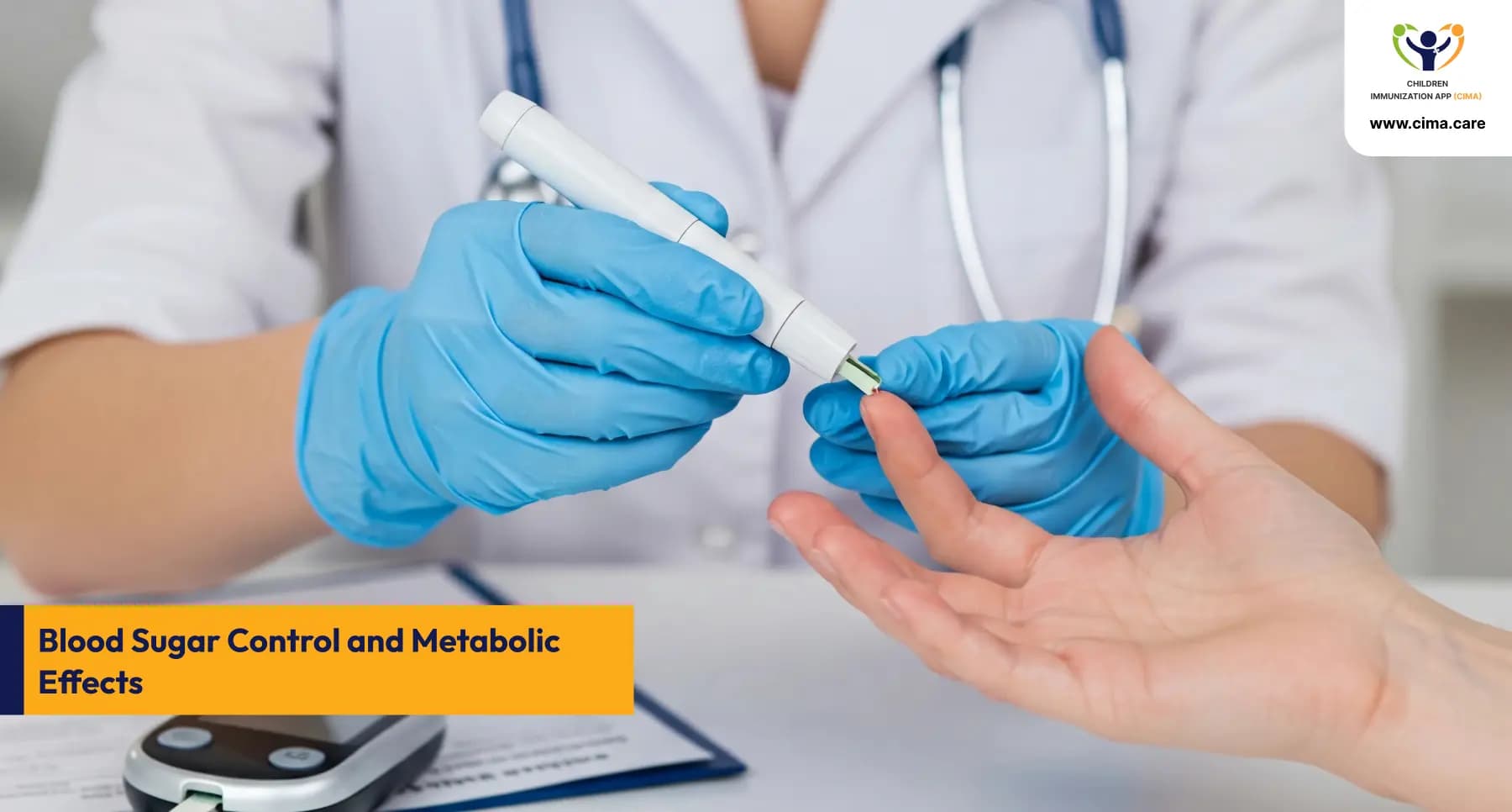 Healthcare provider checking blood glucose levels on a diabetic patient's finger.