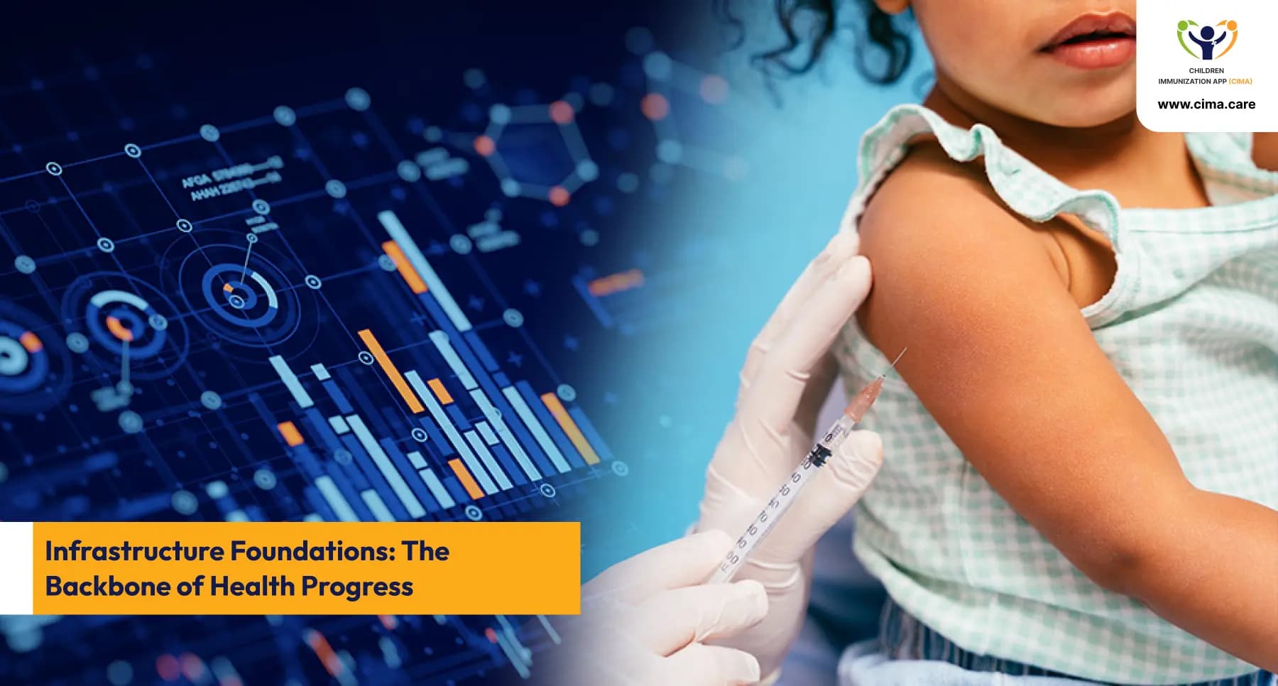 alt="Child receiving vaccination alongside a digital health analytics dashboard visualization."