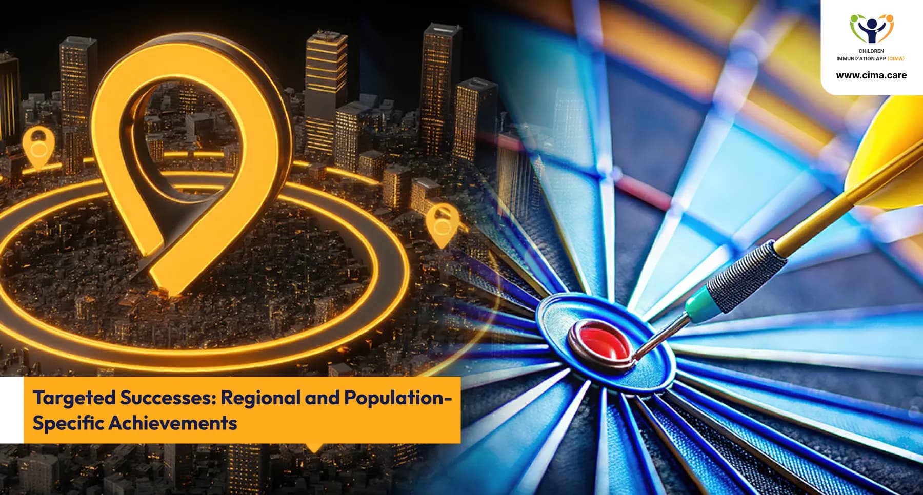 Location-based health achievements with a targeting pin and precision dart bullseye.