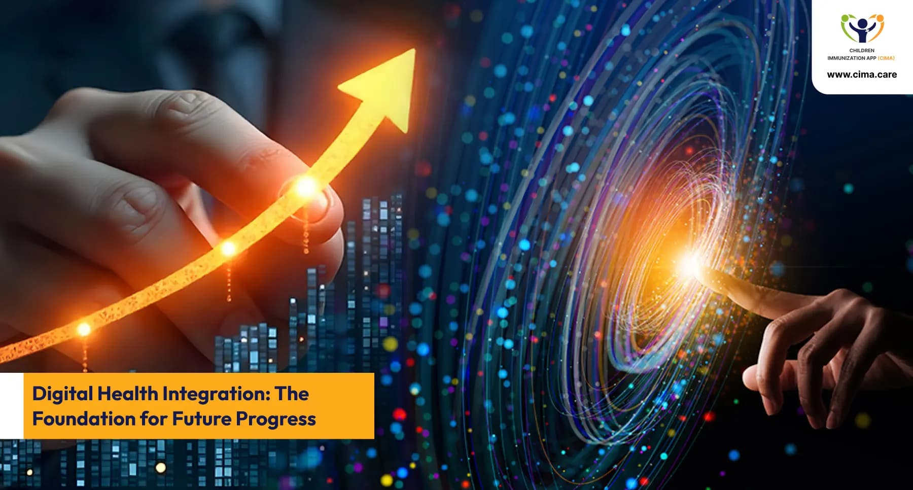 Hands directing digital growth and healthcare connectivity through a virtual interface.