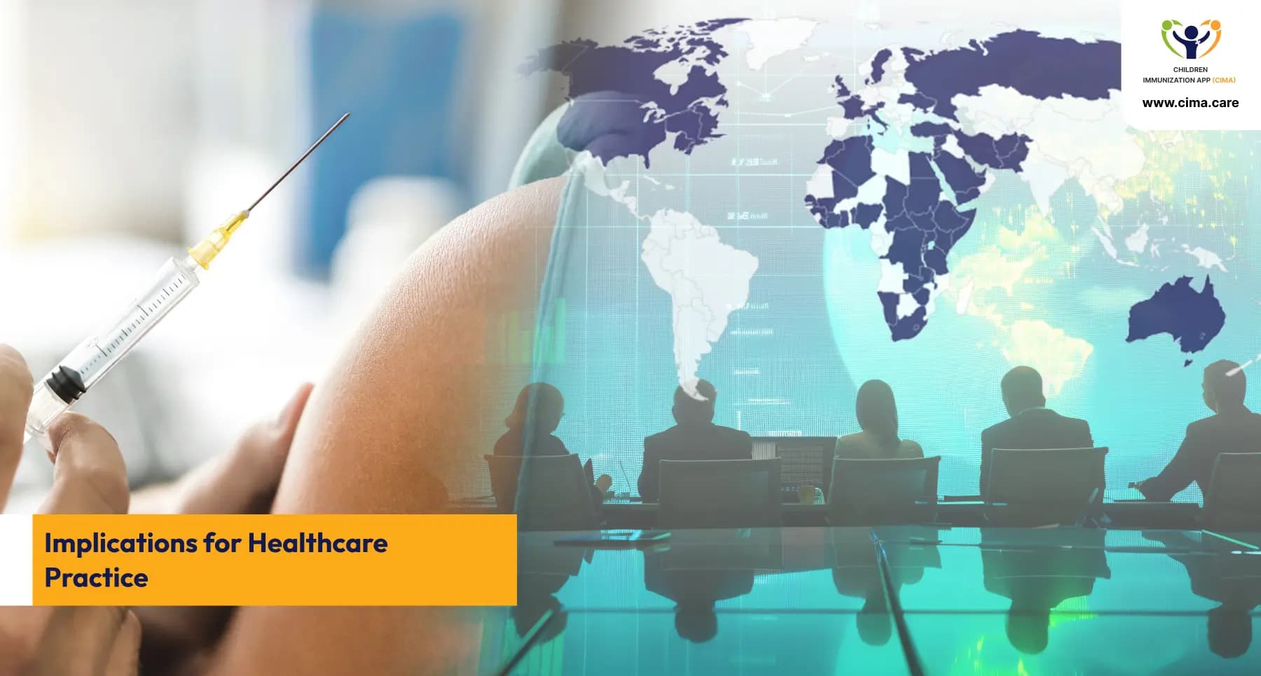 Global health planning session with world map, vaccination focus, and policymakers.