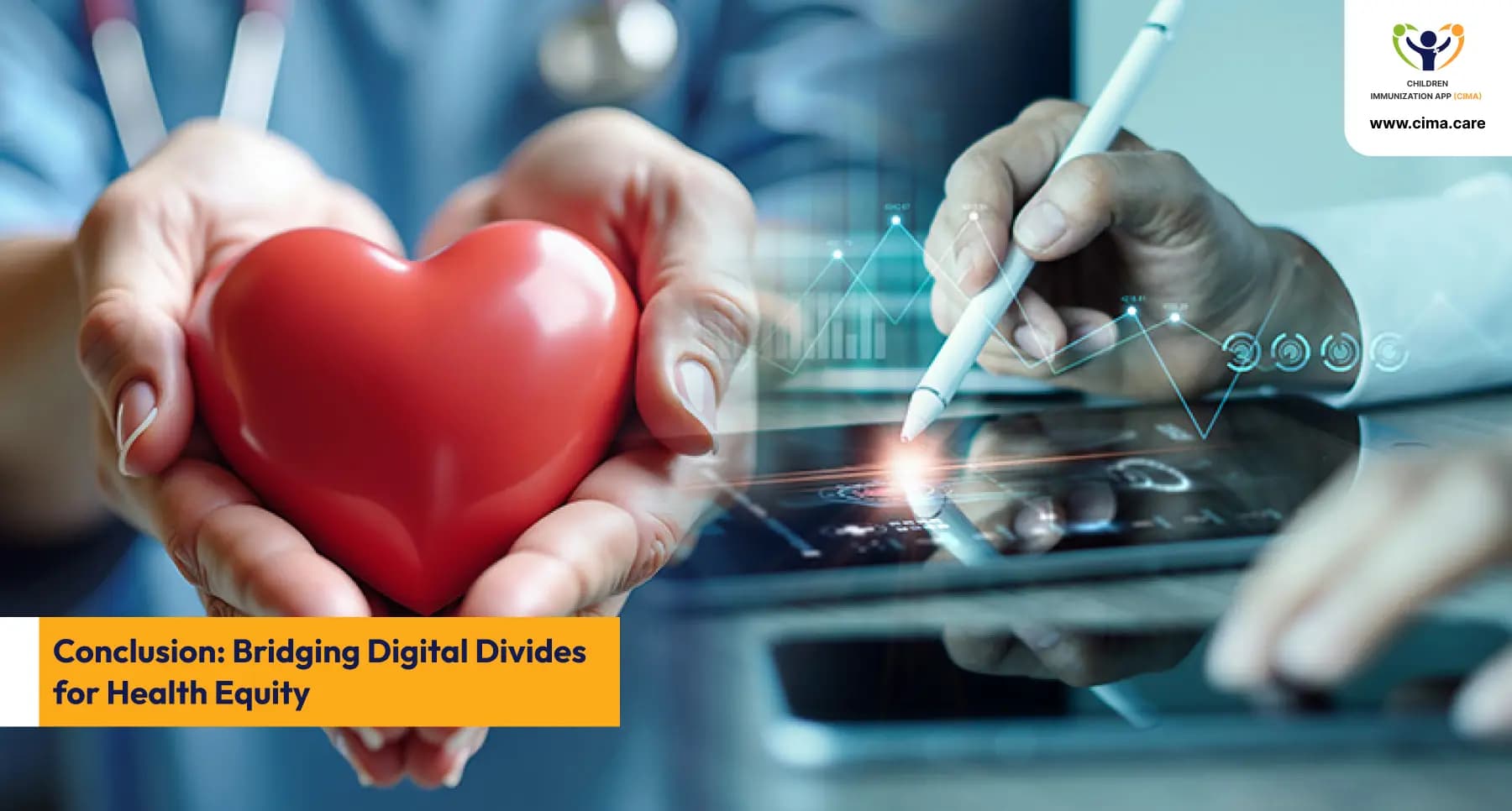 Healthcare provider holding heart while accessing digital health data on mobile device.
