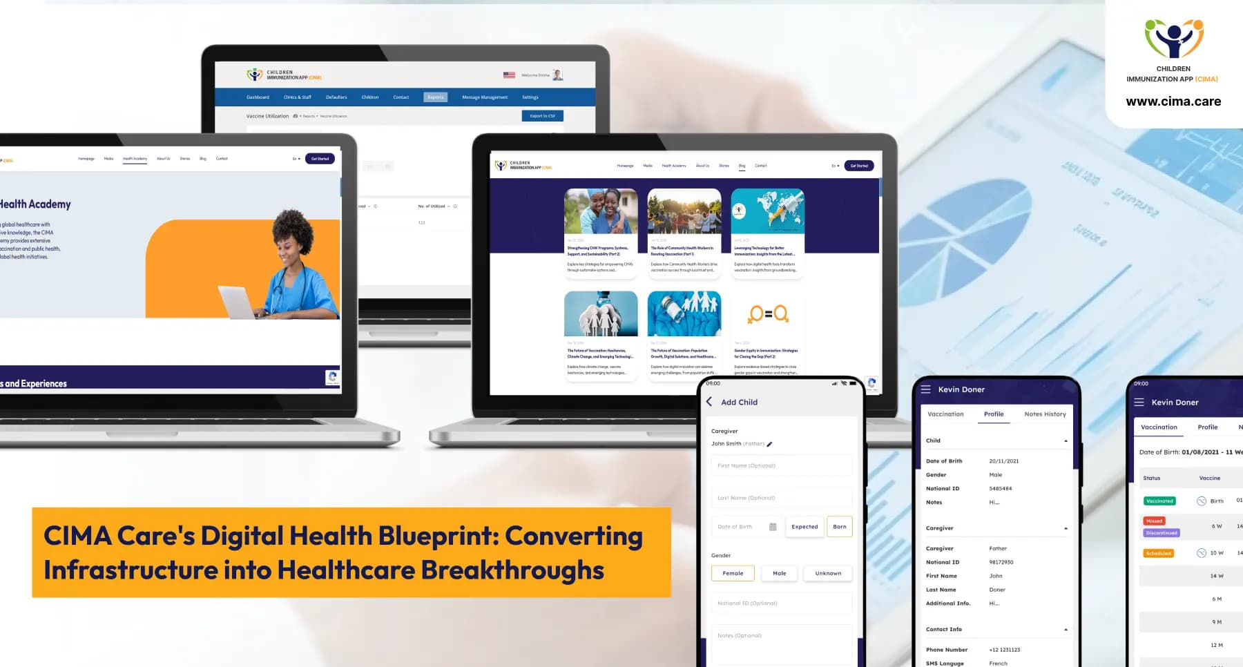 CIMA Care's digital platforms for vaccination tracking and health education on multiple devices.