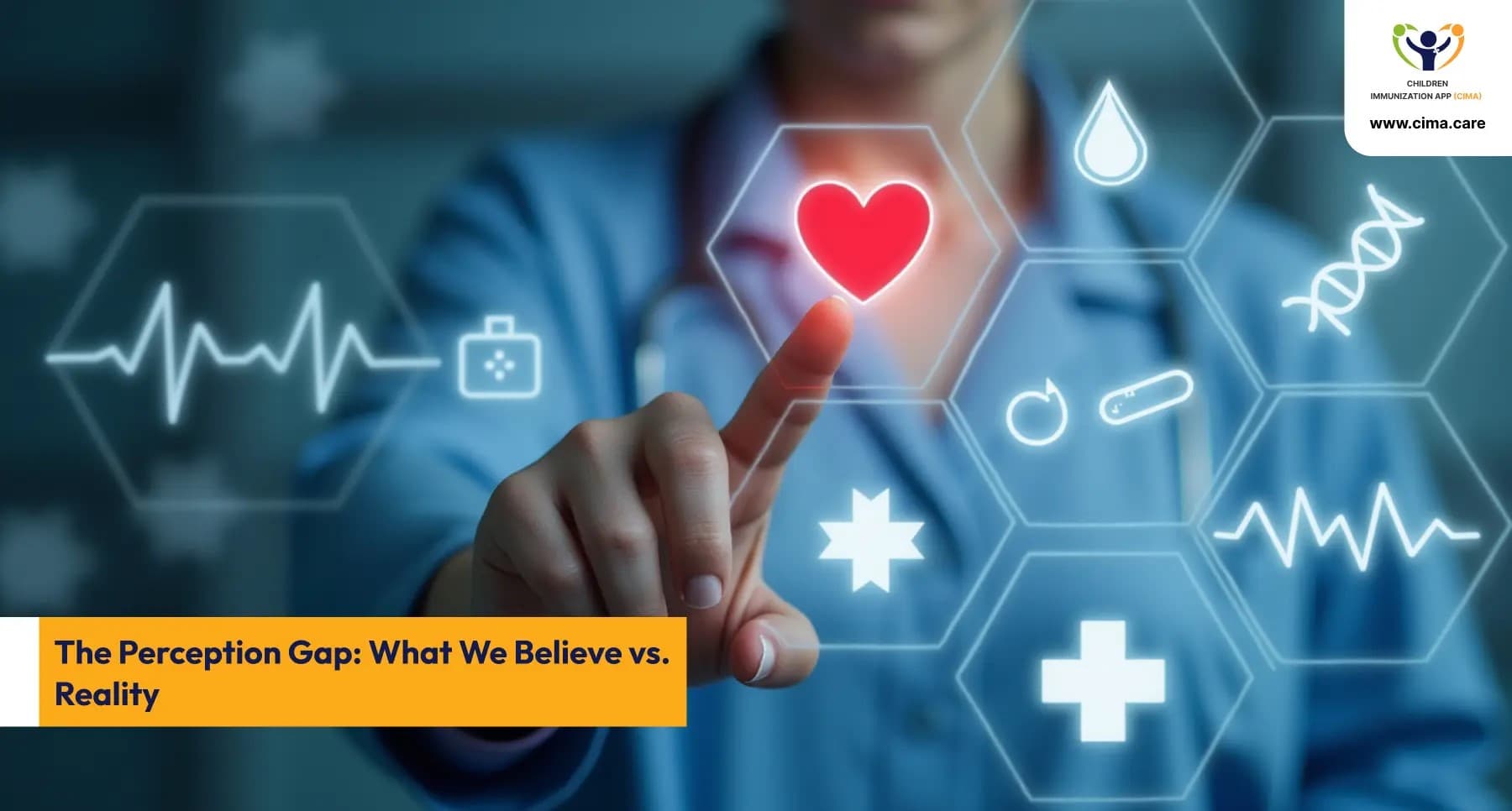 Doctor's hand touching digital healthcare interface with medical symbols