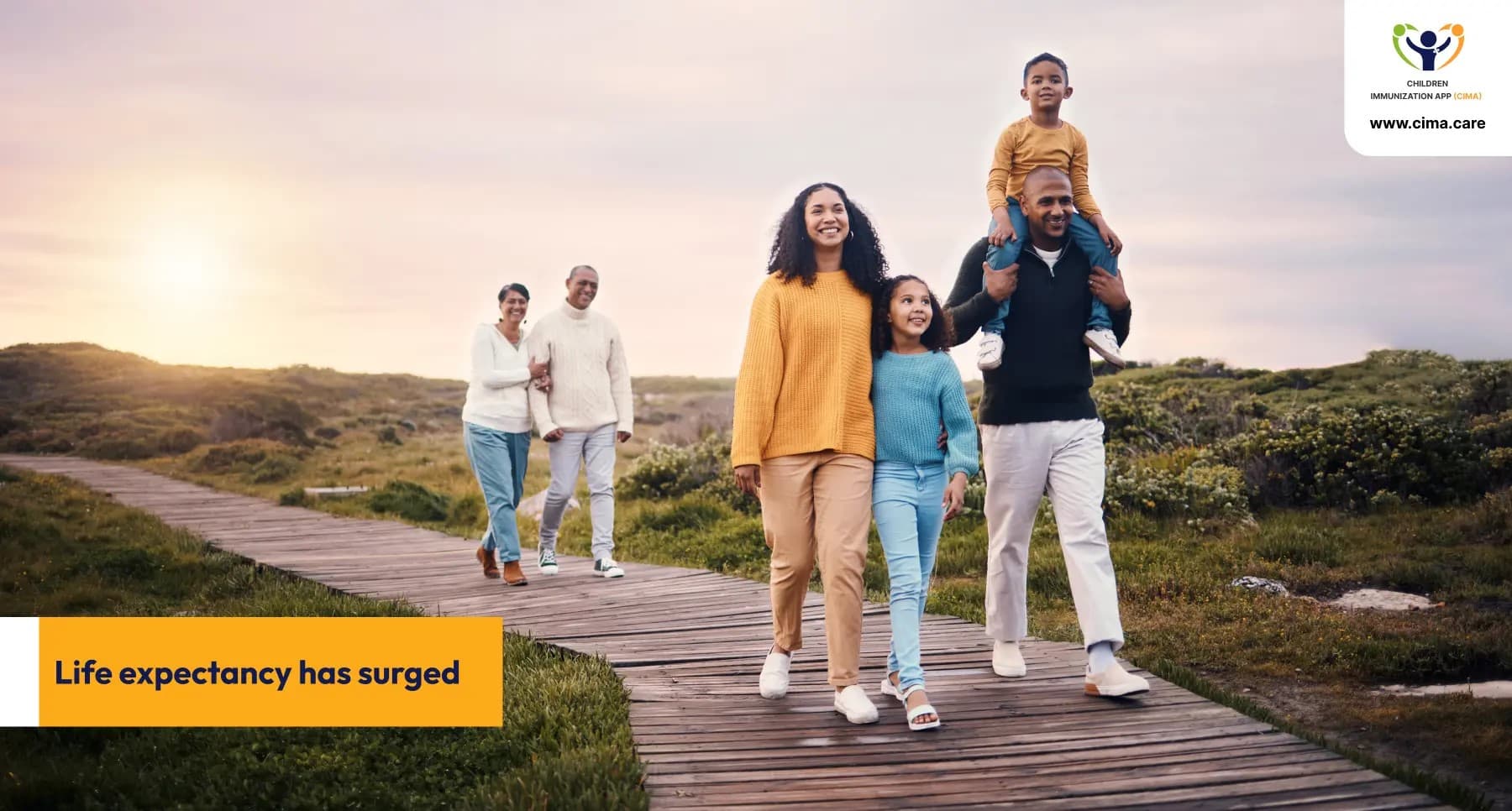 Families walking together representing longer life expectancy gains